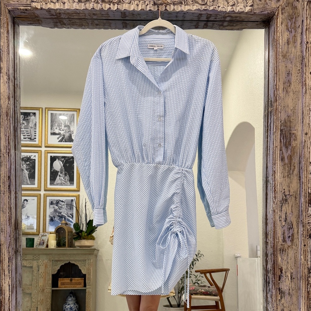 Light Blue Long Sleeve Shirt Dress with Ruched Side